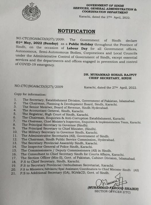 Notification of Holiday on 1st May 2022 (Labour Day) Sindh