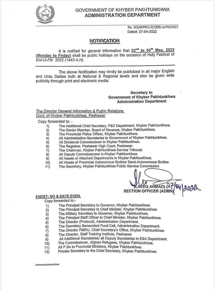 6 days Eid-ul-Fitr Holidays 2022 (1st May to 6th May) KPK