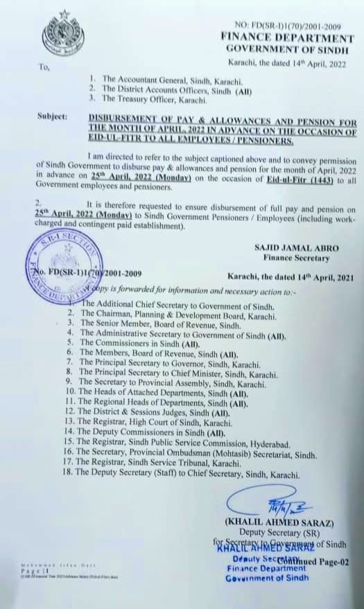 Advance Salary April 2022 Sindh (Due to Eid-ul-Fitr)