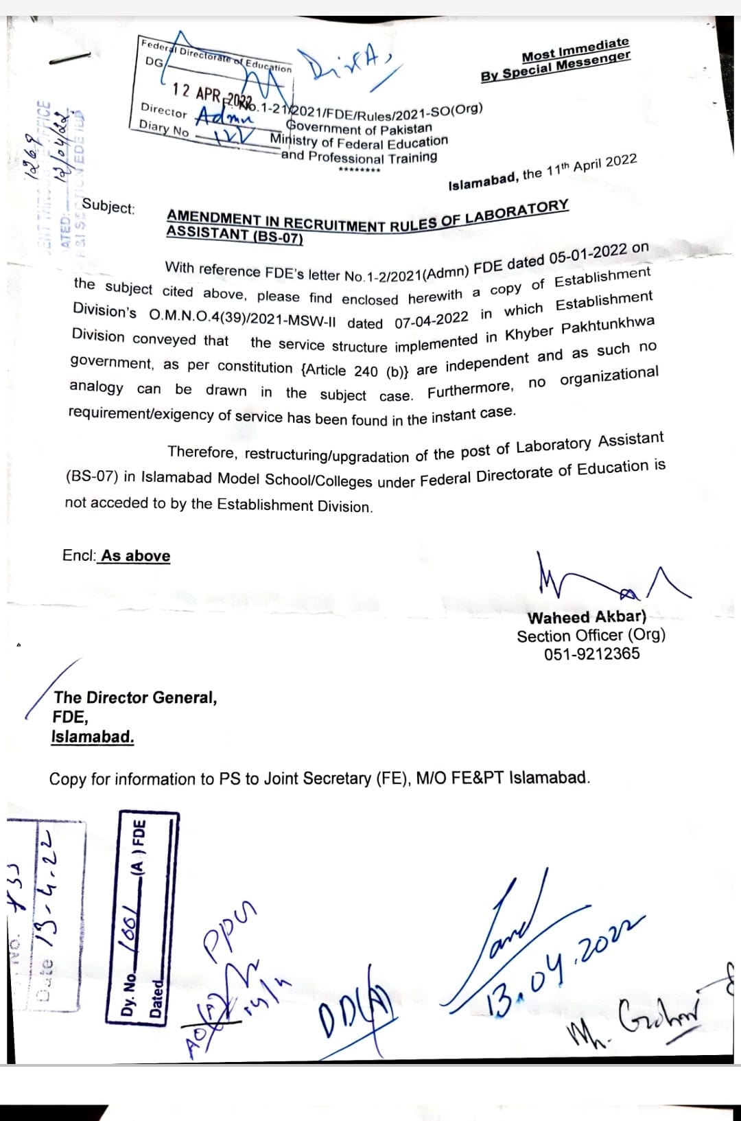 Amendment Recruitment Rules of Laboratory Assistant (BPS-07)