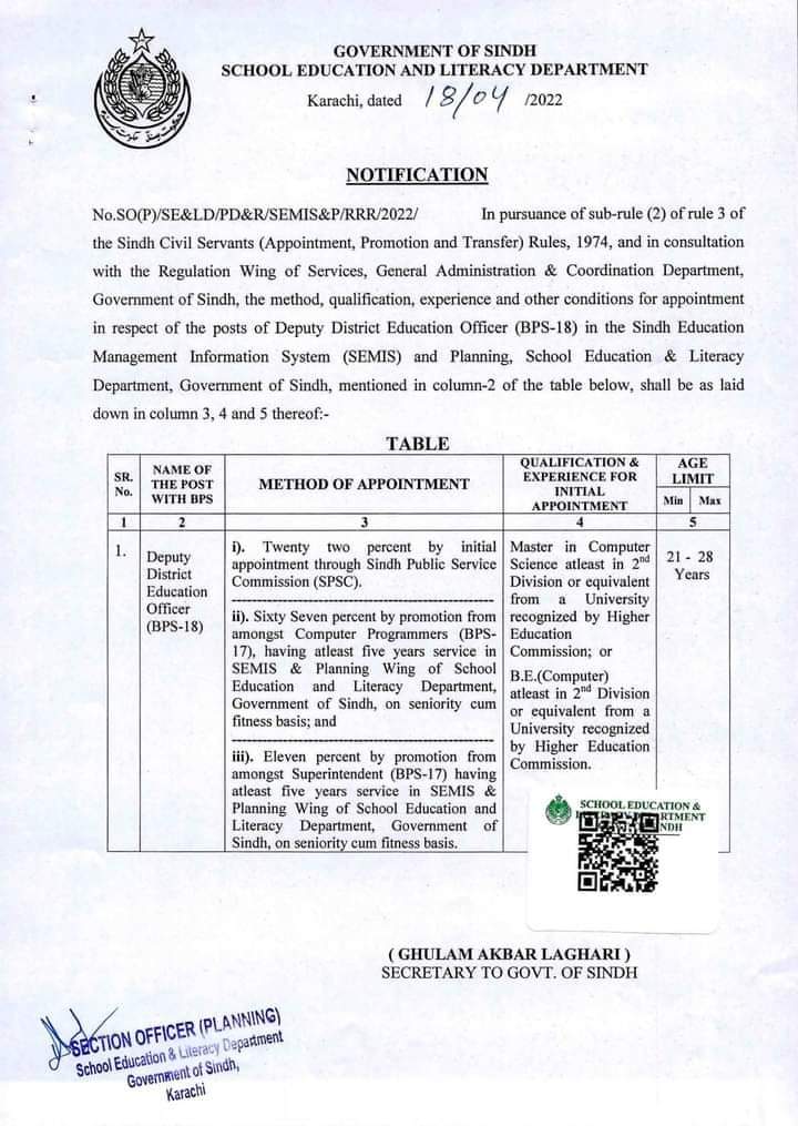Computer Operator, Programmer and Superintendent Will Promote as District Education Officer (Sindh)