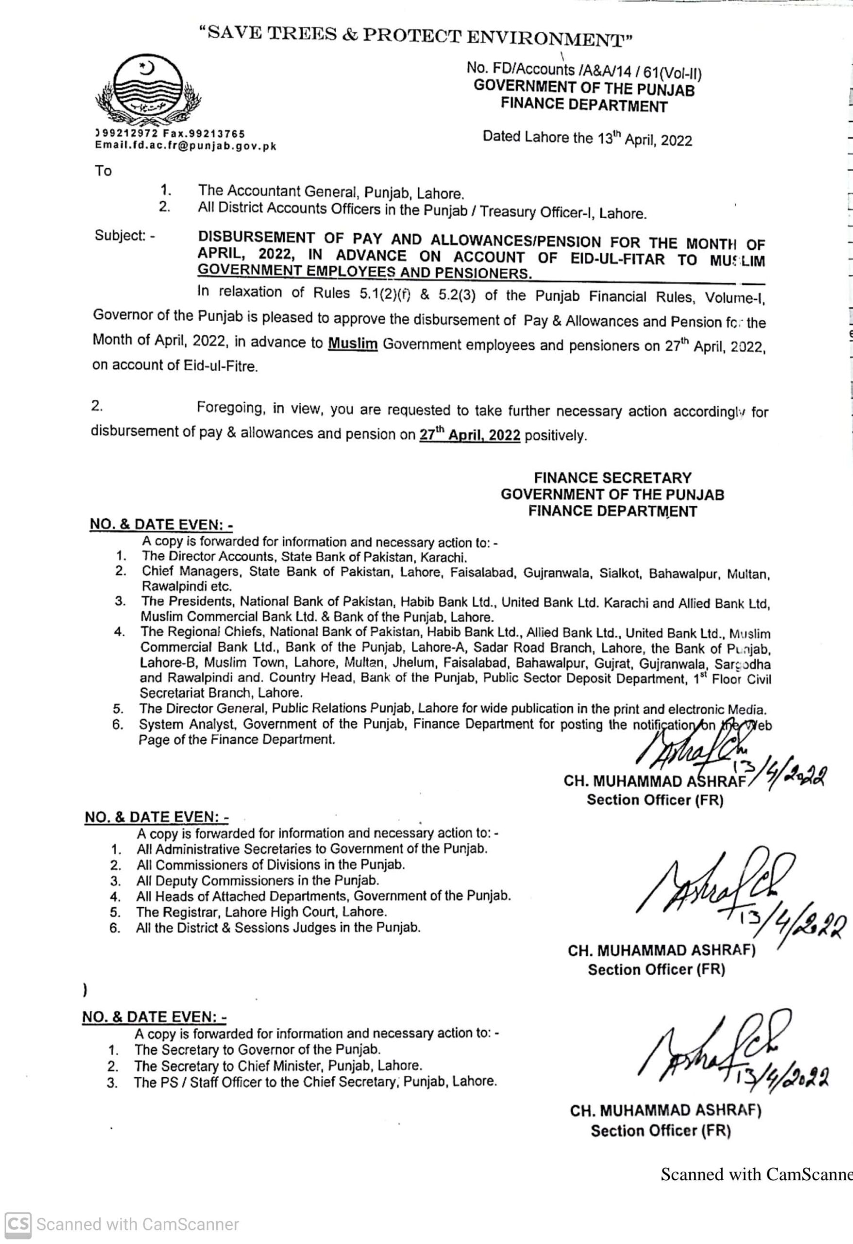 Disbursement Pay and Pension April 2022 in Advance Punjab