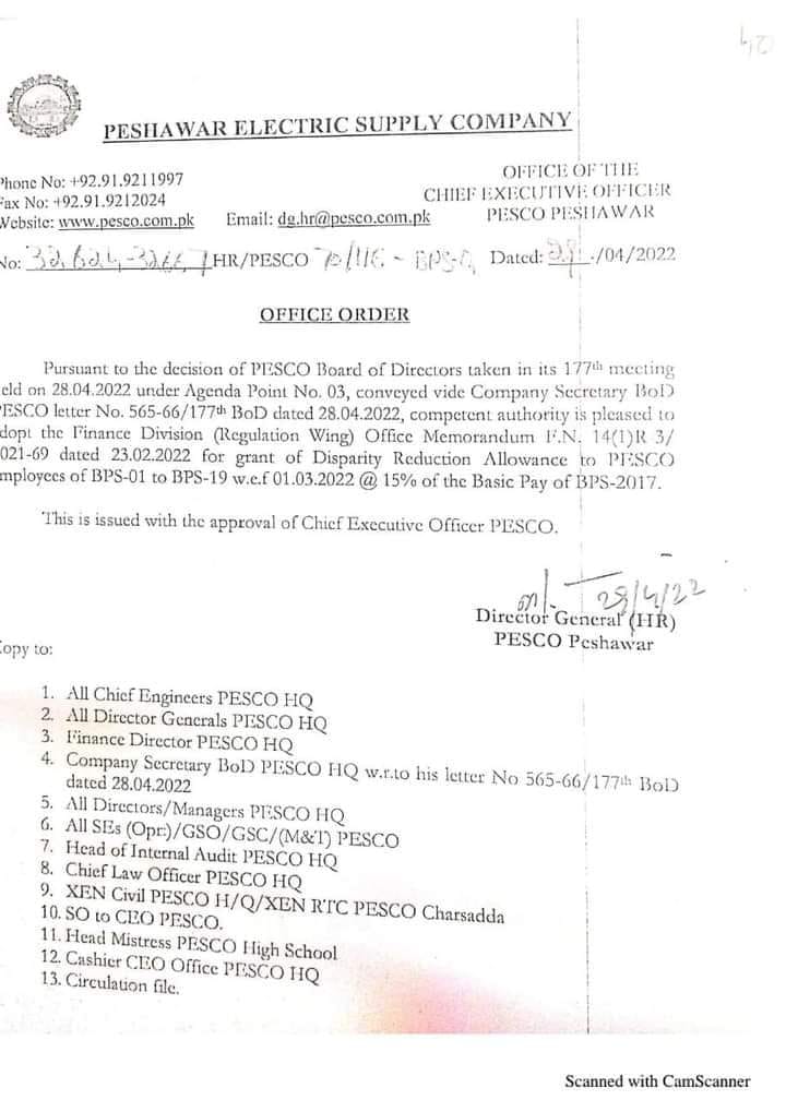 Disparity Reduction Allowance 2022 to PESCO Employees