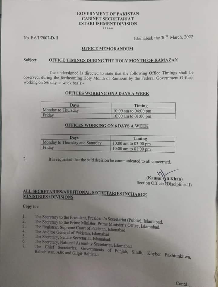 Office Timings Federal Offices