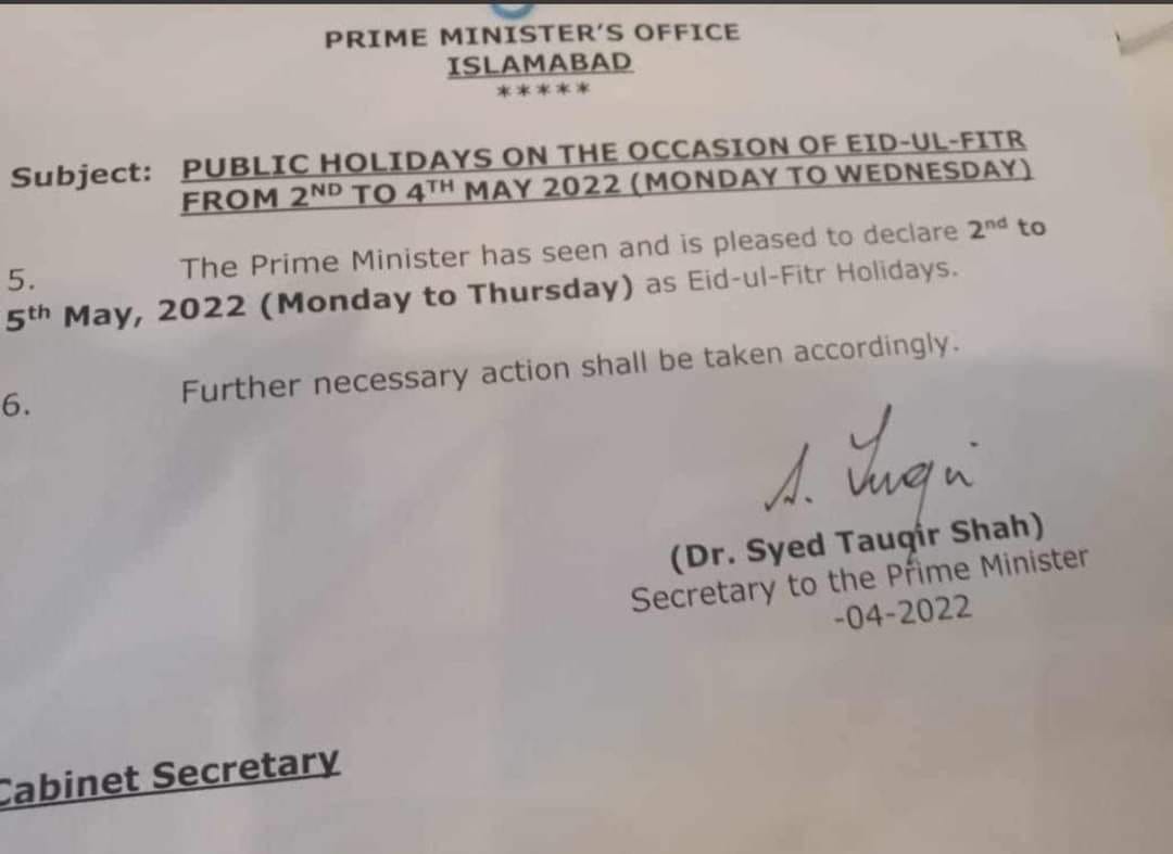 Notification of Eid-ul-Fitr Holidays 2022 in Pakistan