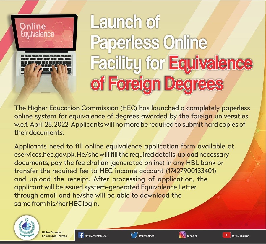 Launch of Paperless Online Facility of Equivalence of Foreign Degrees (HEC)