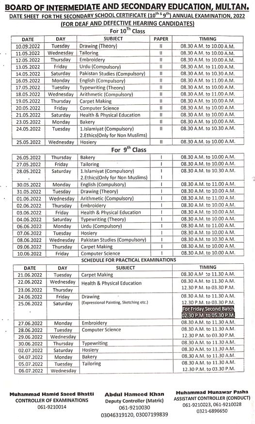 •	Date sheet for Deaf and Effective Hearing Candidates class 9th & 10th 