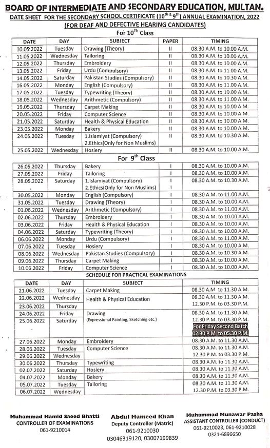 •	Date sheet for Deaf and Effective Hearing Candidates class 9th & 10th 