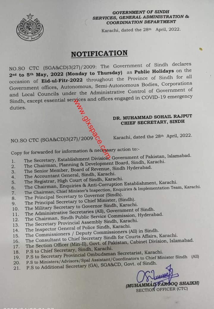 Notification Eid-ul-Fitr Holidays 2022 in Sindh