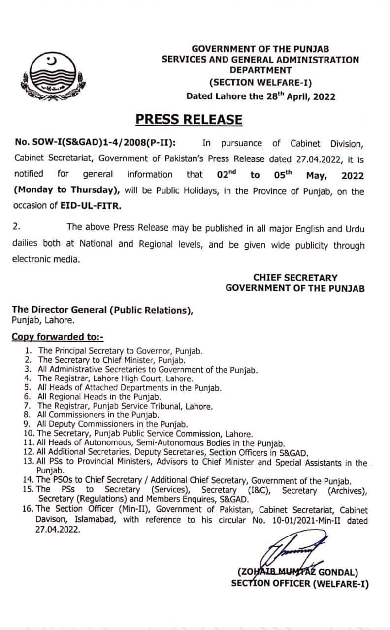 Notification of Eid-ul-Fitr Holidays 2022 Punjab • Govt Jobs
