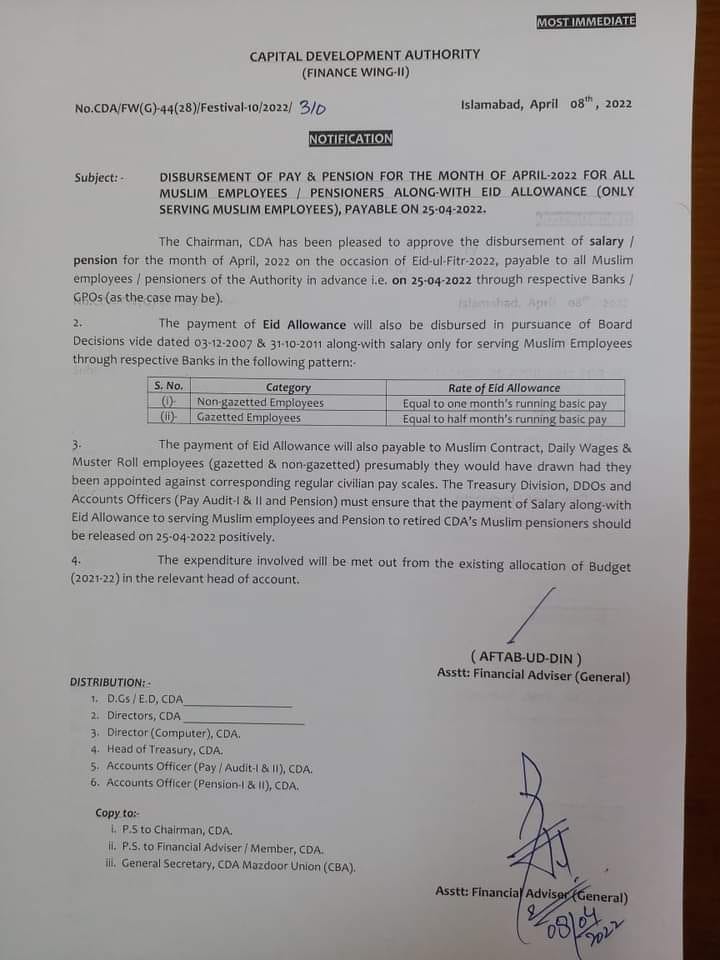 Pay and Pension along with Eid Allowance for All Muslim Employees of CDA
