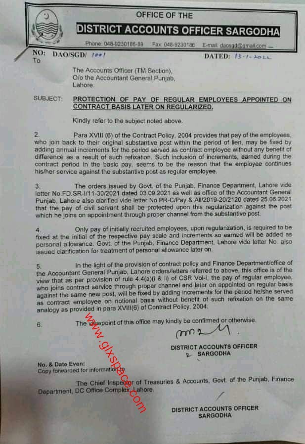 Protection of Pay of Regular Employees Appointed on Contract Basis