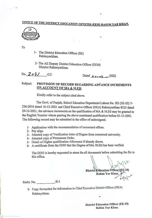 Provision of Record Regarding Advance Increments of MA & M.ED