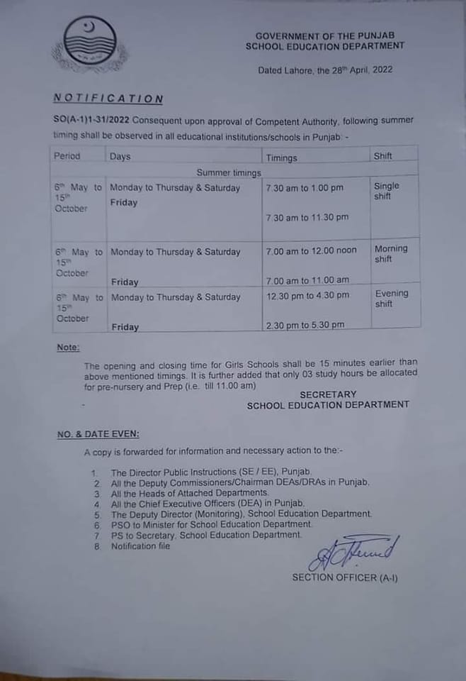 Revised School Timings wef May 2022 School Education Department Punjab