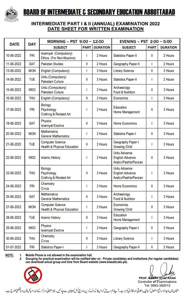 Date Sheet BISE Abbottabad HSSC-I and HSSC-II 2022 Annual Exams