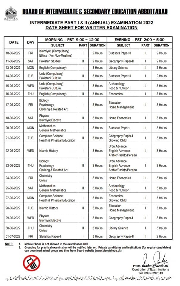 Date Sheet BISE Abbottabad HSSC-I and HSSC-II 2022 Annual Exams