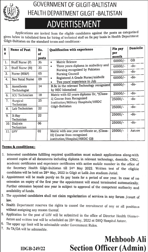 Govt Jobs in Health Department 2022 in GB