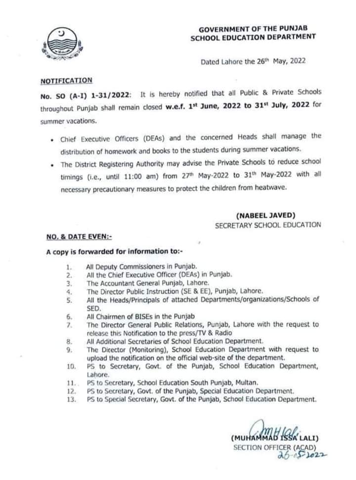 Notification Summer Vacation 2022 Punjab Schools