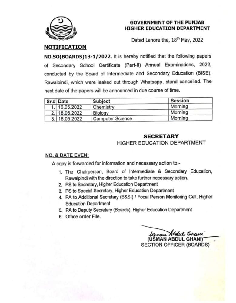 Notification of Cancellation Three Papers BISE Rawalpindi