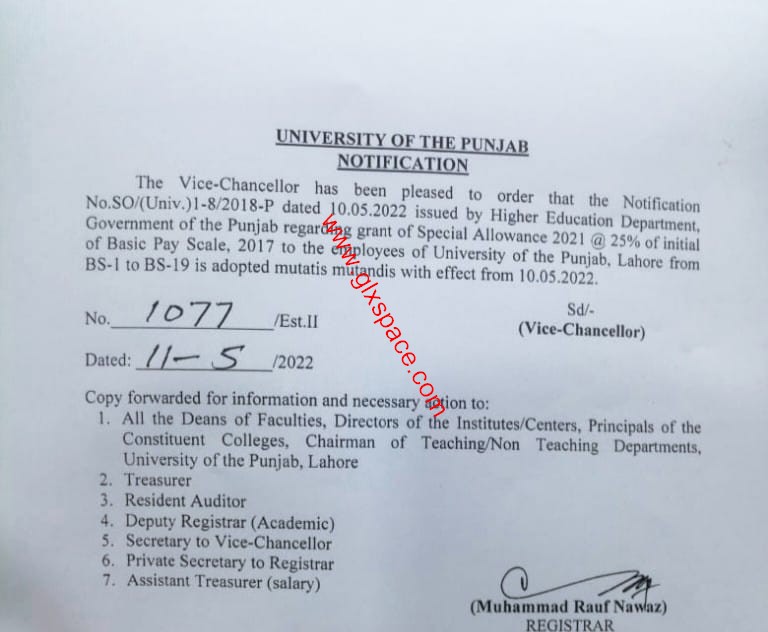 Notification of Special Allowance 2021 @ 25% Punjab University