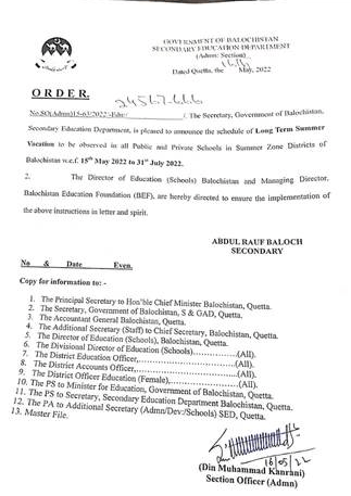 Notification of Summer Holidays 2022 Balochistan Schools
