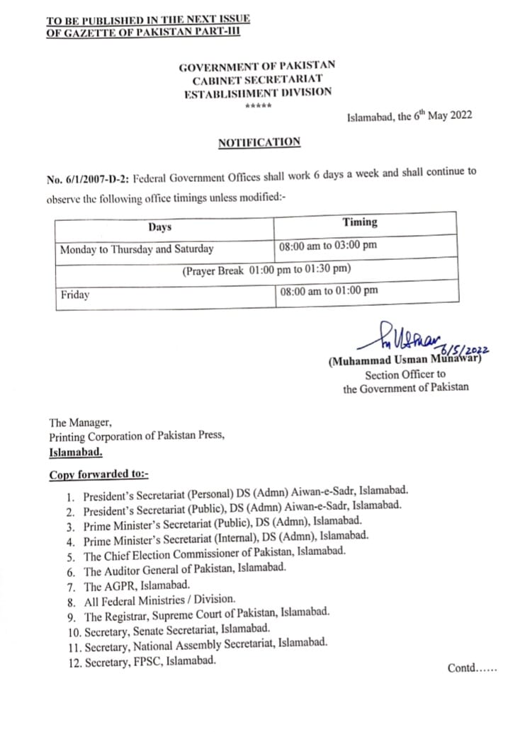 Revised 6 days Office Timings in Federal Govt Offices