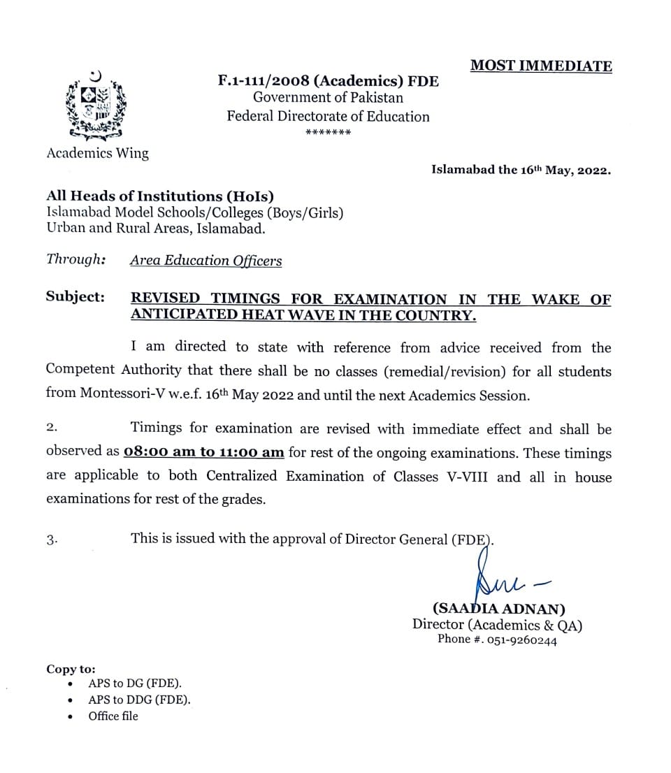 Revised Timings for Examinations Due to Anticipated Heat Wave in the Country