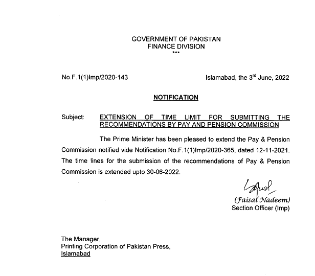 Notation of Extension Time Limit for Recommendations of Pay and Pension Commission