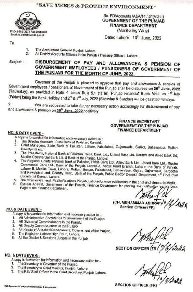 Notification of Advance Salary June 2022 Punjab