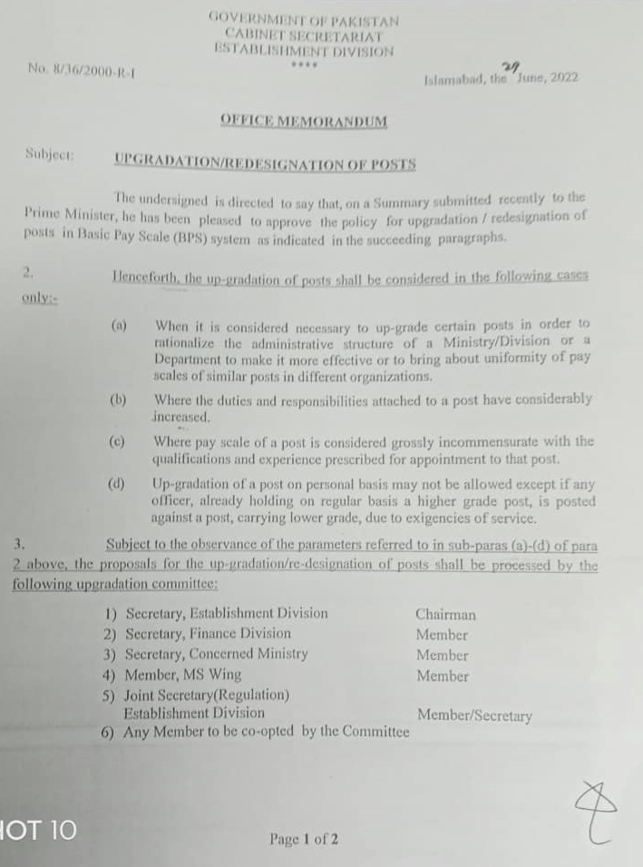 Re-Designation / Upgradation of Posts Policy 2022