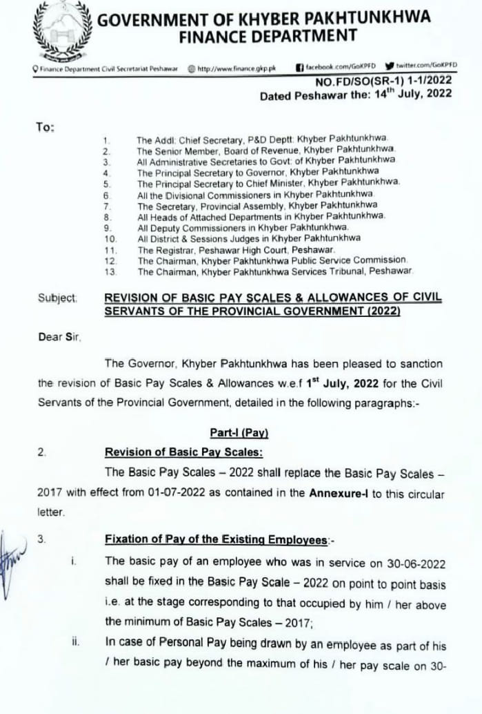 Notification Basic Pay Scales 2022 KPK and Allowances