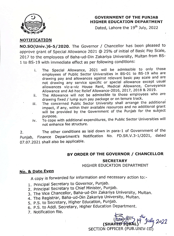 Notification 25% Special Allowance on Initial basic Pay BZU Multan