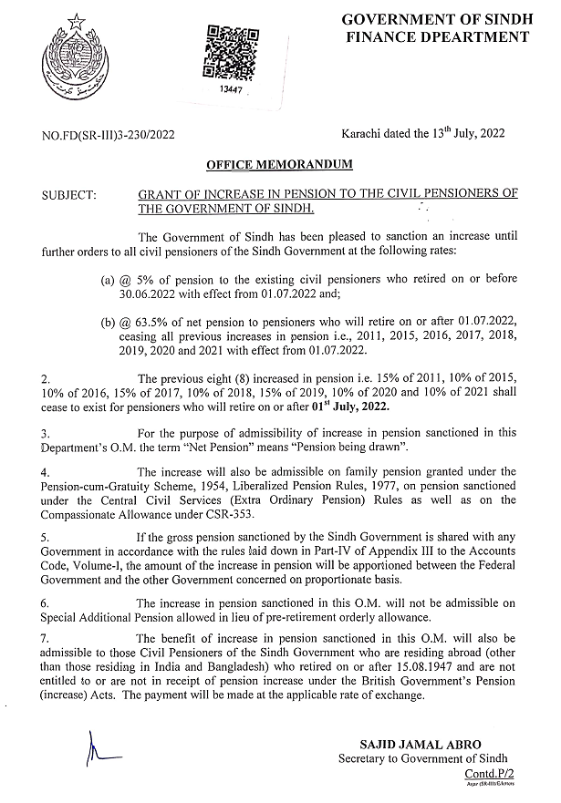 Notification Increase Pension 2022 Sindh @ 5%