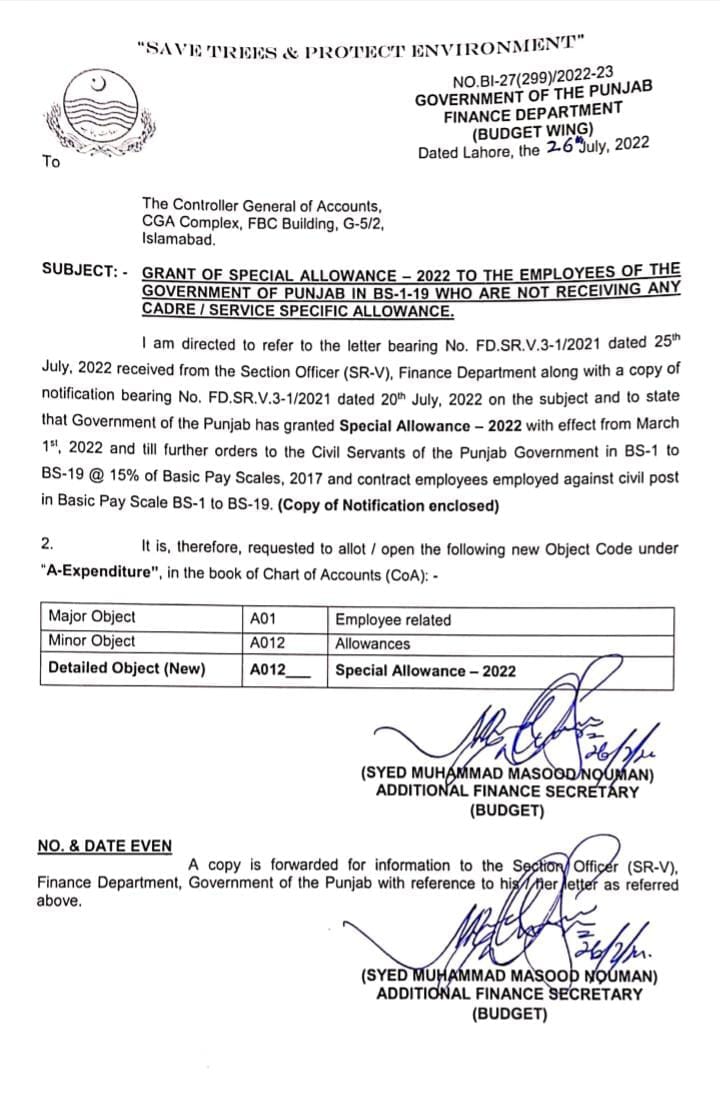 Notification New Object Code “Special Allowance 2022 Punjab” in the Book of CoA