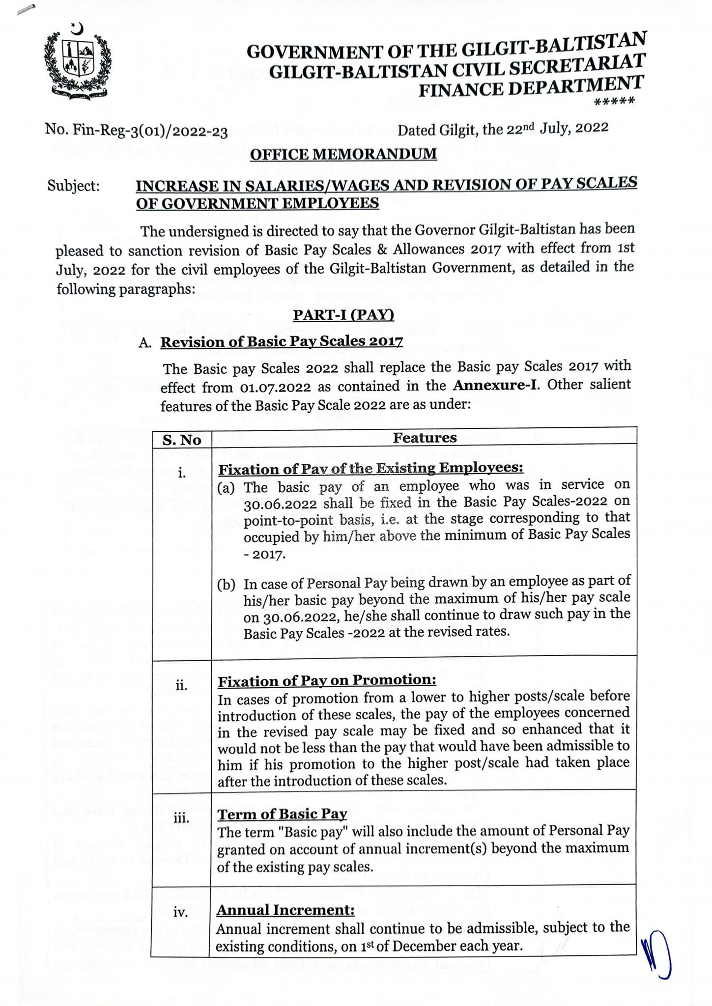 Notification Revised Basic Pay Scales 2022 GB and Increase in Allowances