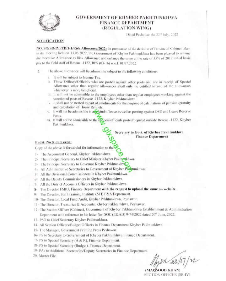 Notification of 35% Increase Risk Allowance 2022 Rescue 1122 KPK