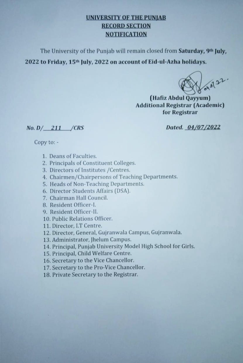Notification of Eid-ul-Azha Holidays wef 09-07-2022 to 17-07- 2022 University of the Punjab