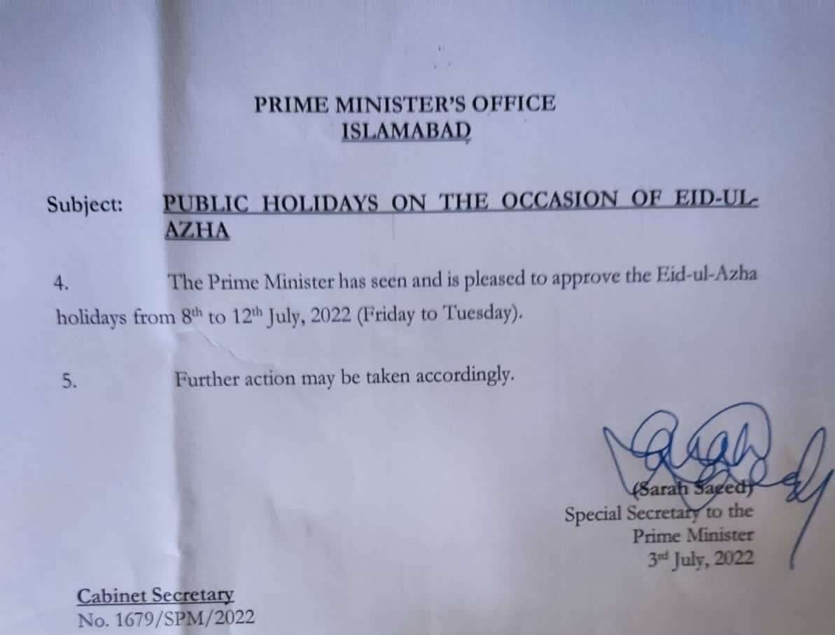 Approval of Eid Holidays by Prime Minister