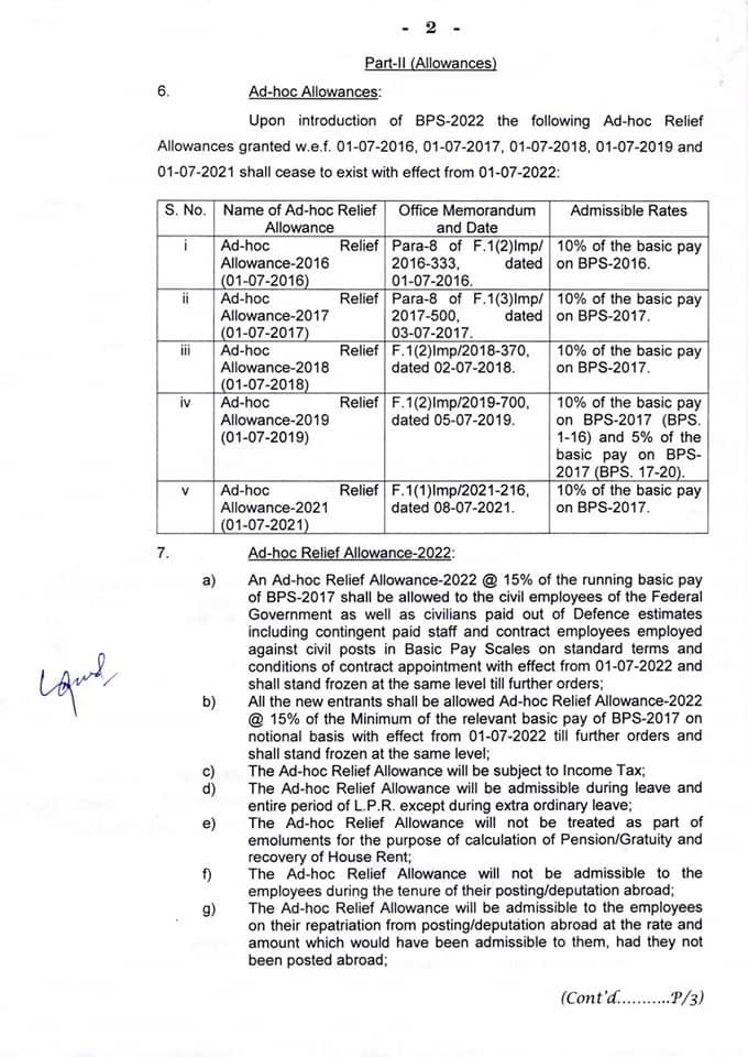 Notification Revised Basic Pay Scales 2022 and Allowances Federal Government
