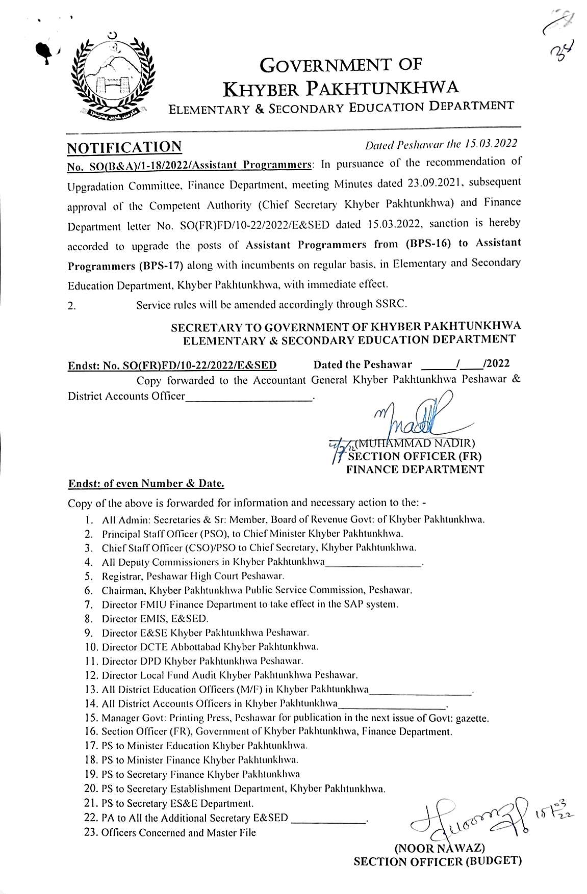 Upgradation of Assistant Programmer BPS-16 to BPS-17 KPK