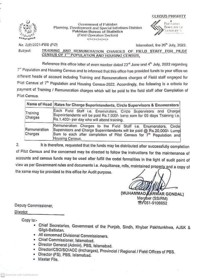 Remuneration Charges 2022 for Senses of 7th Population and Housing Census
