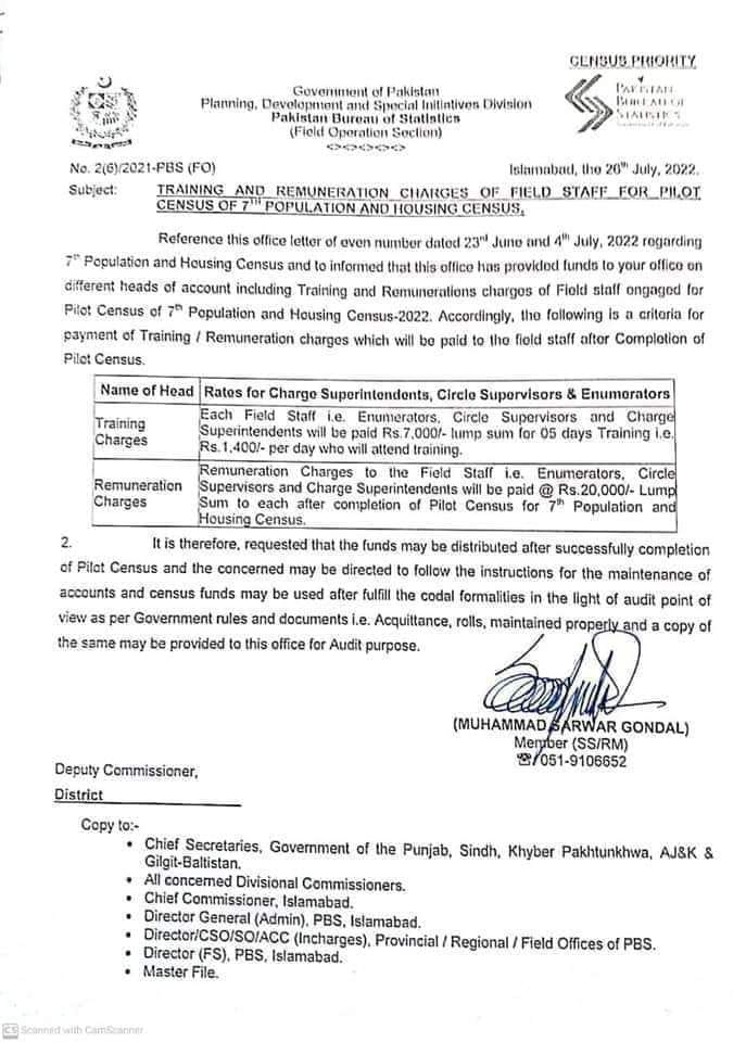 Remuneration Charges 2022 for Census of 7th Population and Housing Census