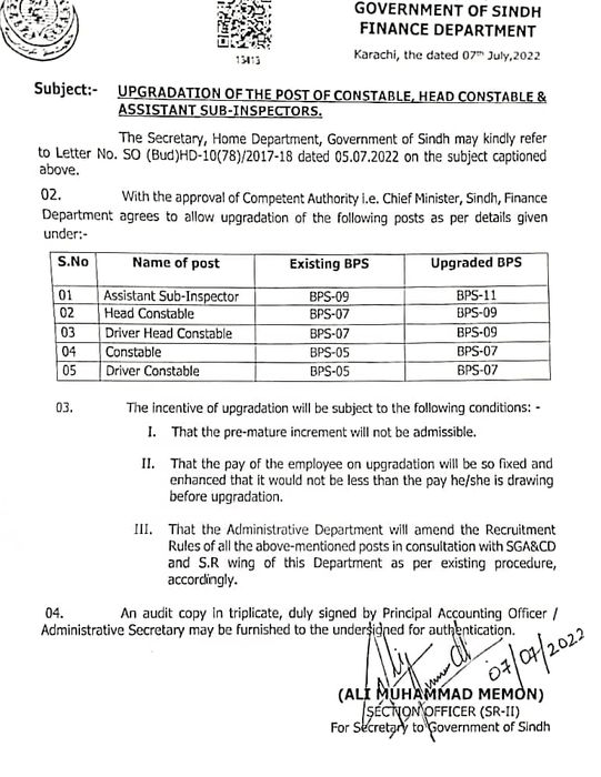 Notifiction Upgradation Police Constables and ASIs 2022 Sindh