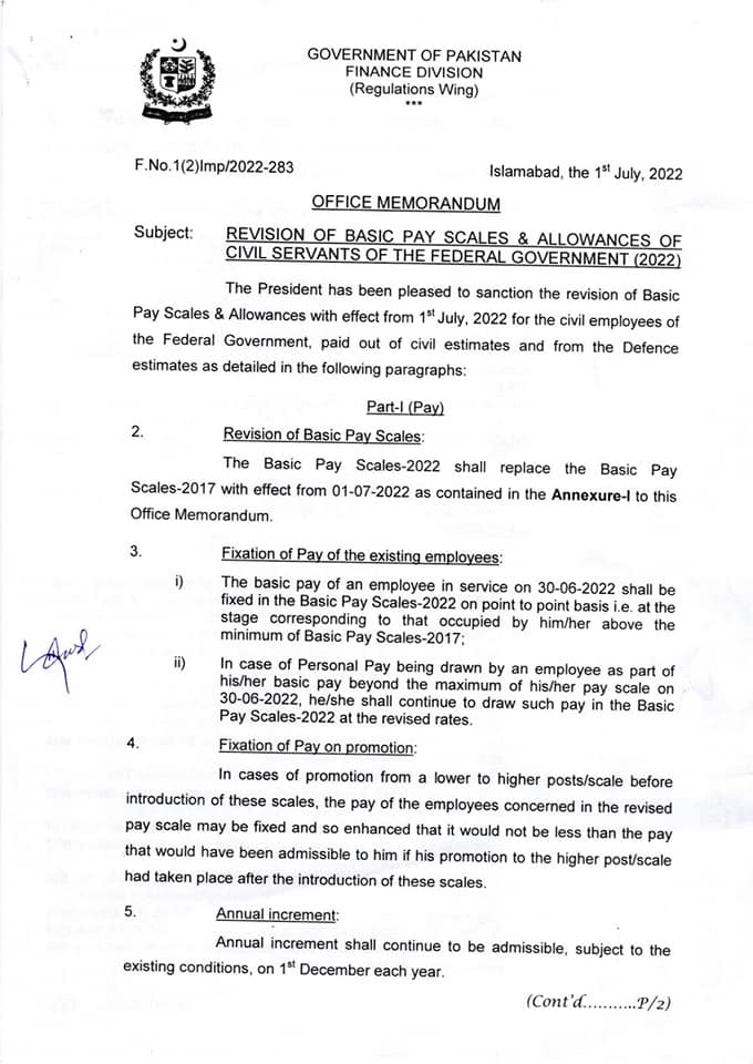Notification Revised Basic Pay Scales 2022 and Allowances Federal Govt