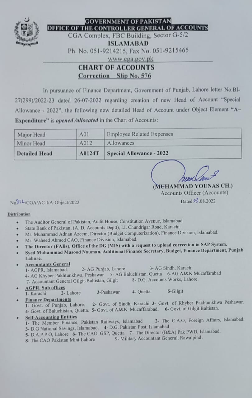 New Head of Account Punjab Special Allowance