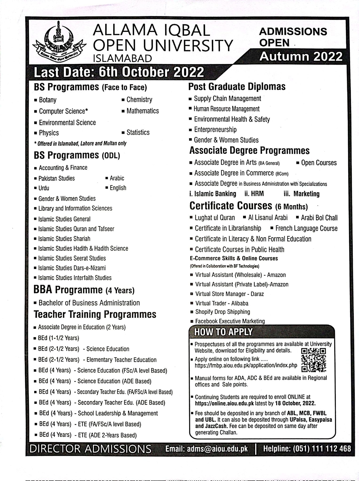 AIOU Admissions Open Semester Autumn 2022