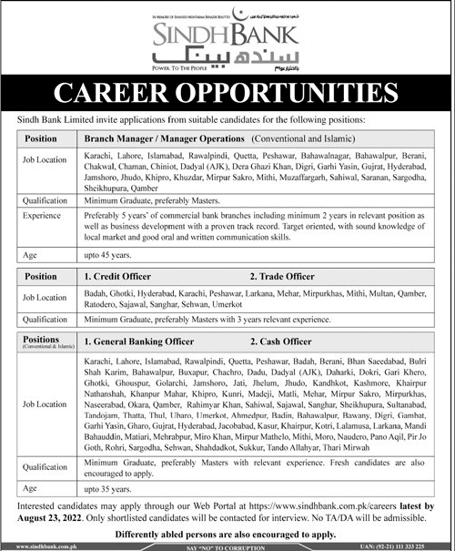 Bank Jobs 2022 All Pakistan in Sindh Bank Qualification BA