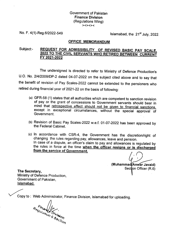 Clarification Benefit of Revised Pay Scales 2022 to Pensioners Retired during 2021-22