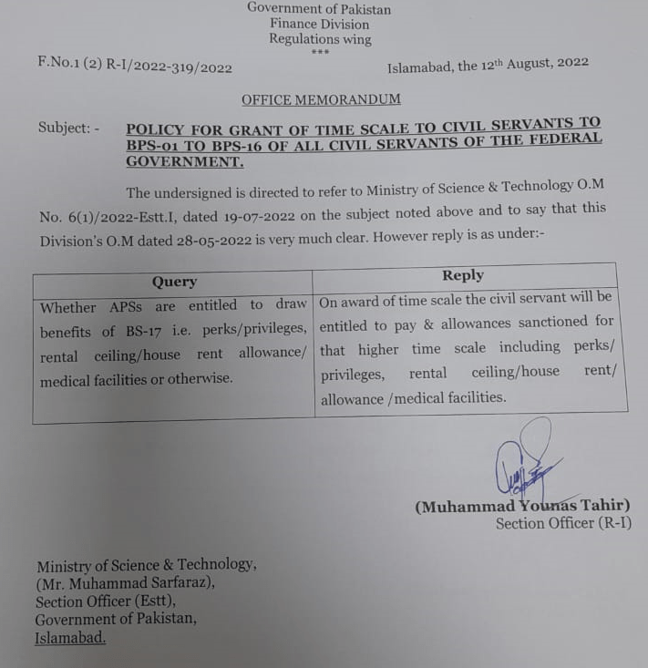 Clarification Policy Grant Time Scale BPS-01 to BPS-16 (pay & Allowances)