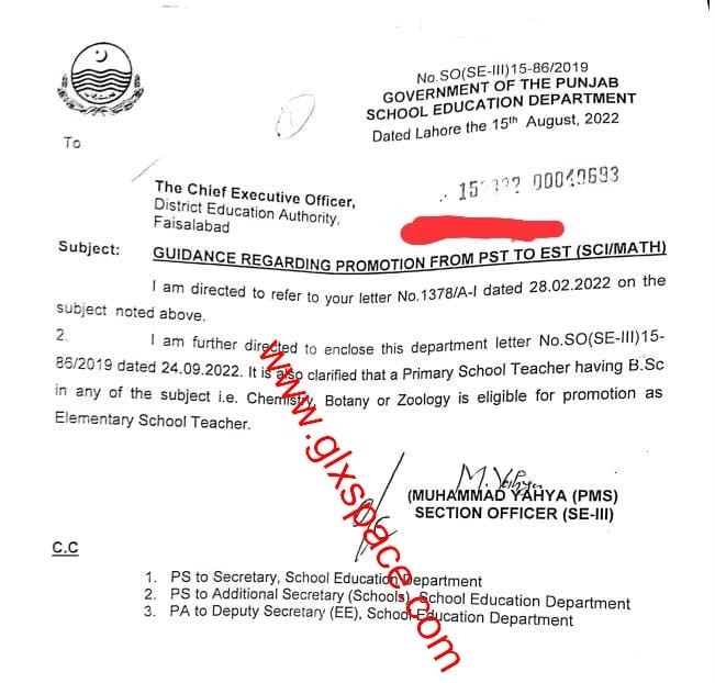 Guidance Regarding Promotion from PST to EST Punjab Having B.Sc